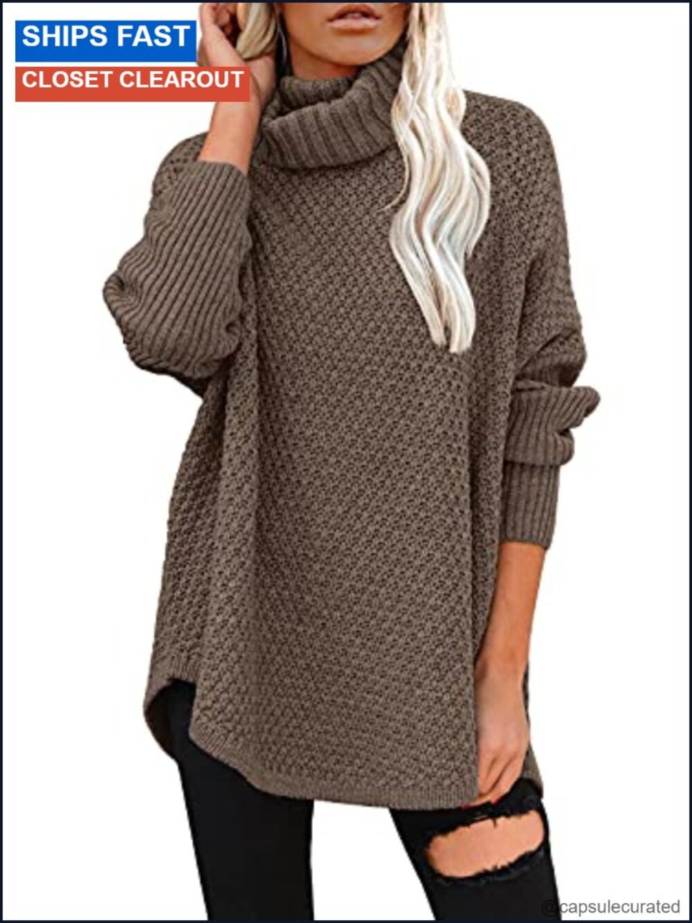 Oversized Turtleneck Long Sleeve Knit Tunic Pullover Sweater